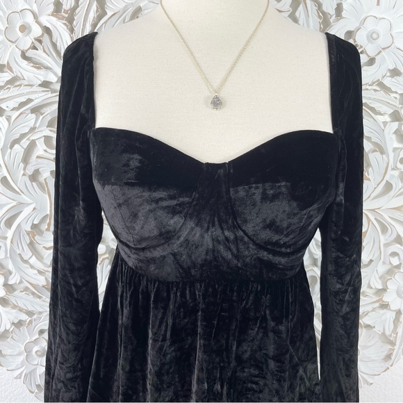 {Reformation} Black Chestnut Silk Velvet Babydoll Dress, Size 0 - Picture 3 of 12